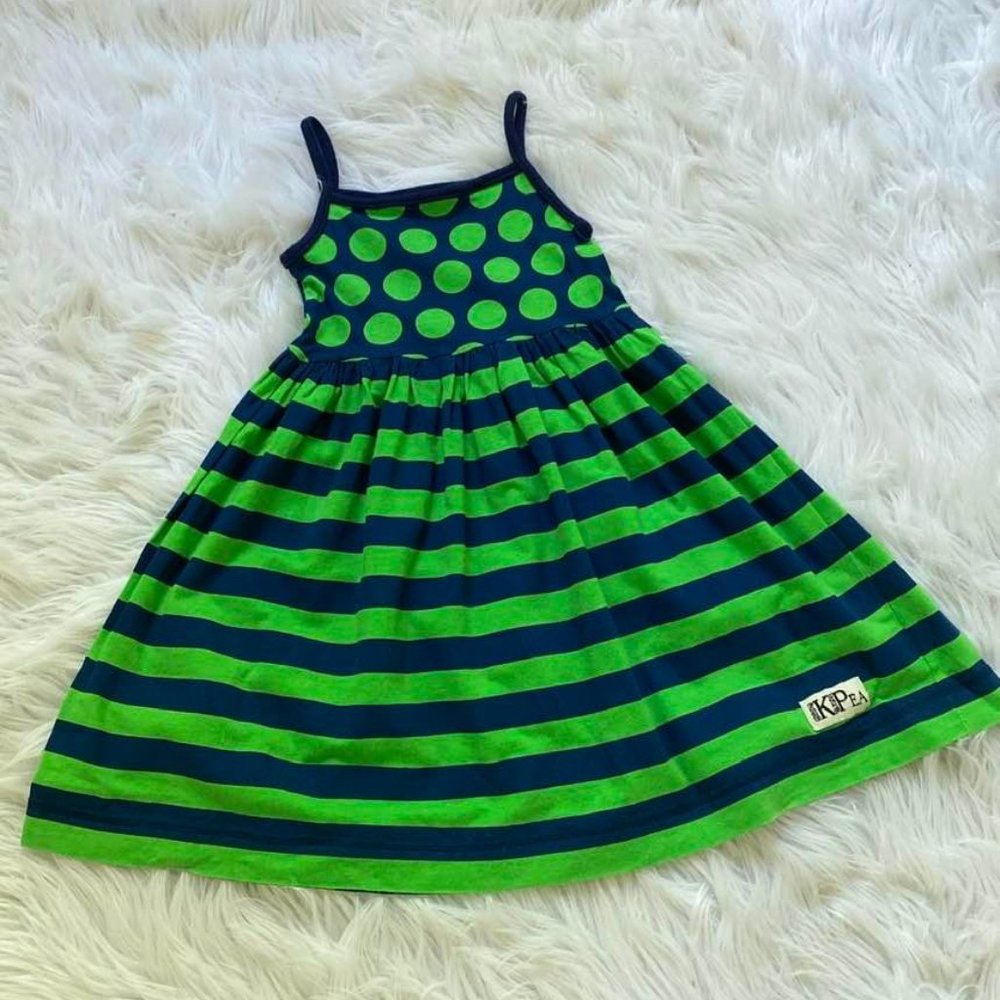 K Pea Girls Summer Dress Navy Green Stripes and Polka Dots
